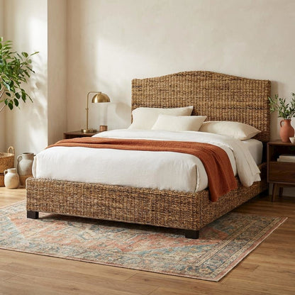 Rattan King Bed Frame with Headboard and Footboard in Natural Finish