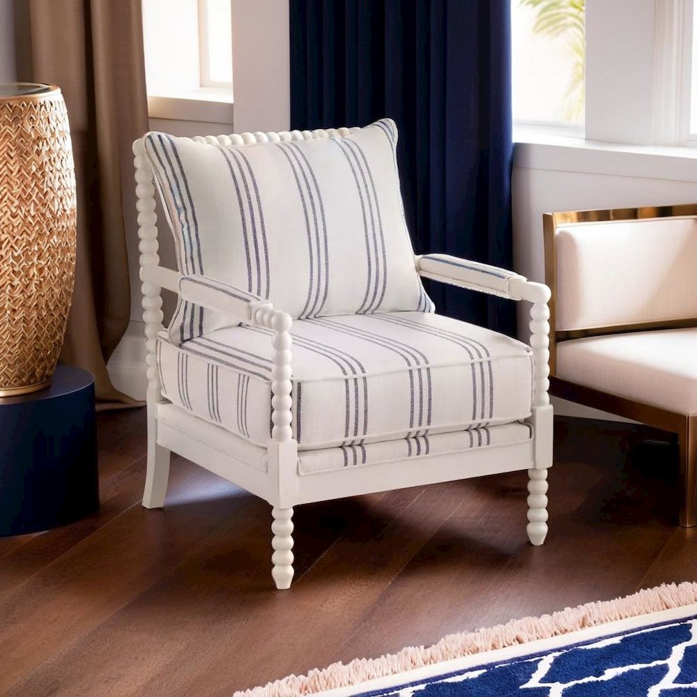 White Upholstered Accent Chair with Navy Spindle Accents for Modern Decor