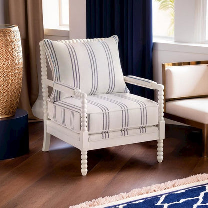 White Upholstered Accent Chair with Navy Spindle Accents for Modern Decor