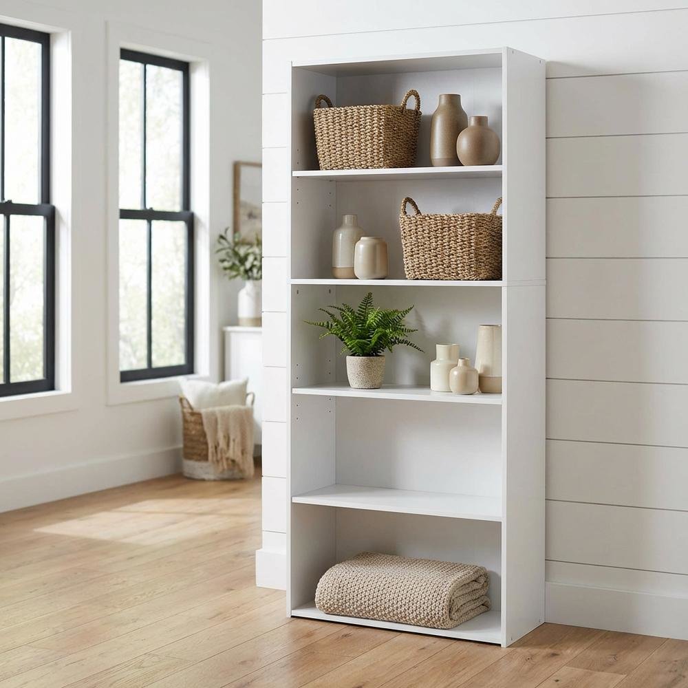 White 5-Tier Bookshelf with Adjustable Shelves for Flexible Storage