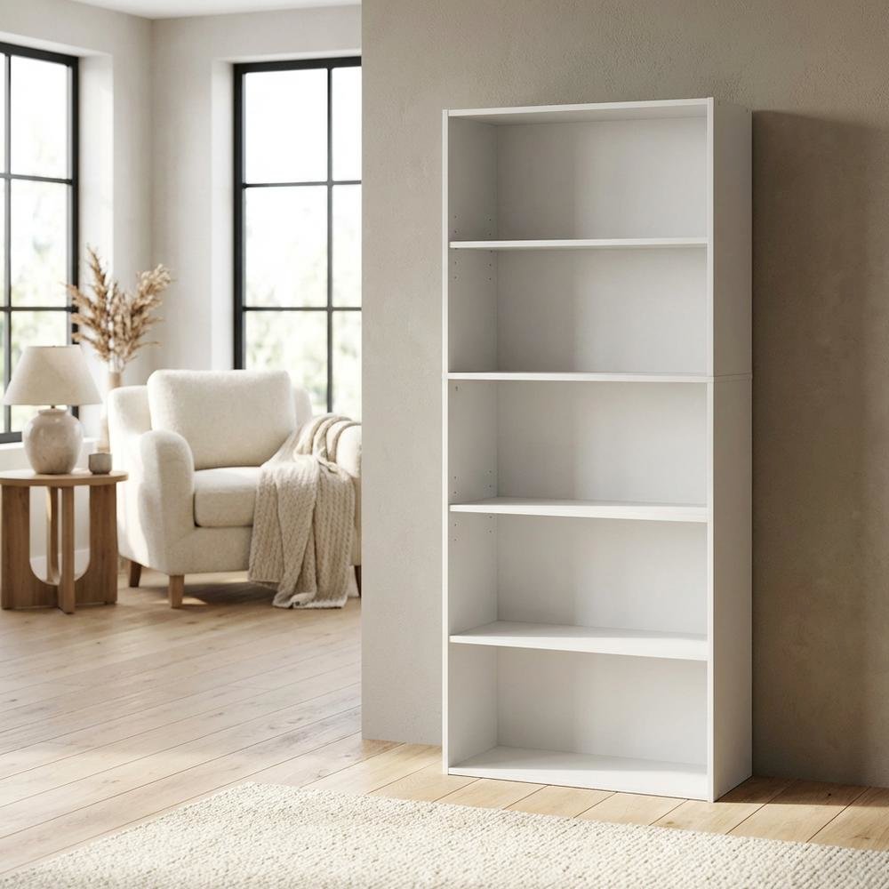 White 5-Tier Bookshelf with Adjustable Shelves for Flexible Storage
