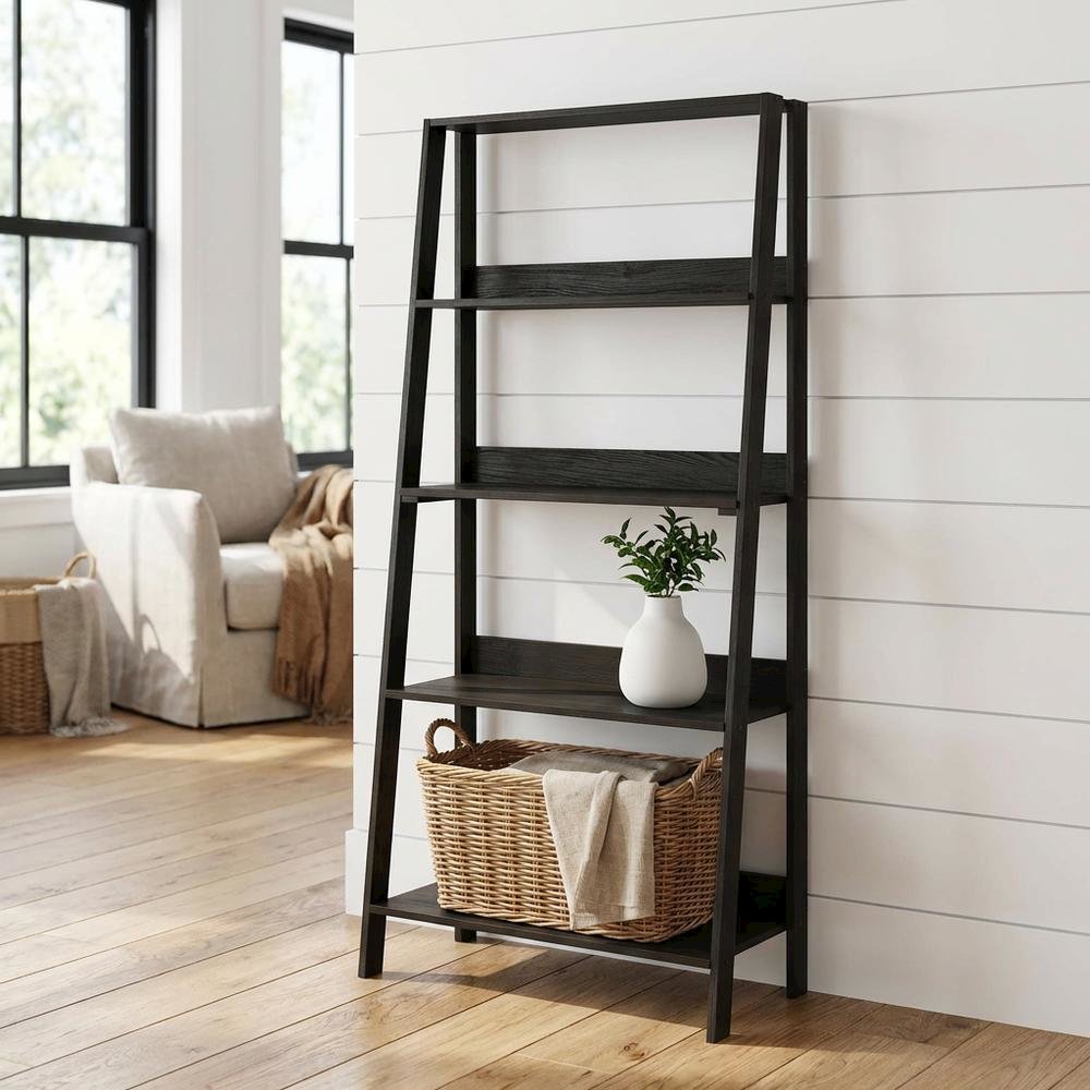 Espresso 5-Tier Ladder Bookcase with Display Shelves and Wood Construction
