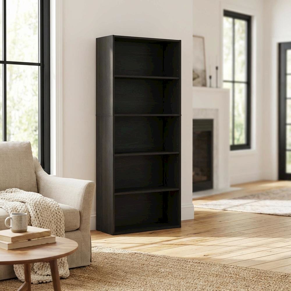 Espresso 5-Tier Bookcase with Adjustable Shelves, Tall Home Library Storage