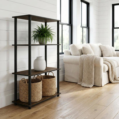 Wood bookcase with open shelving for living room organization