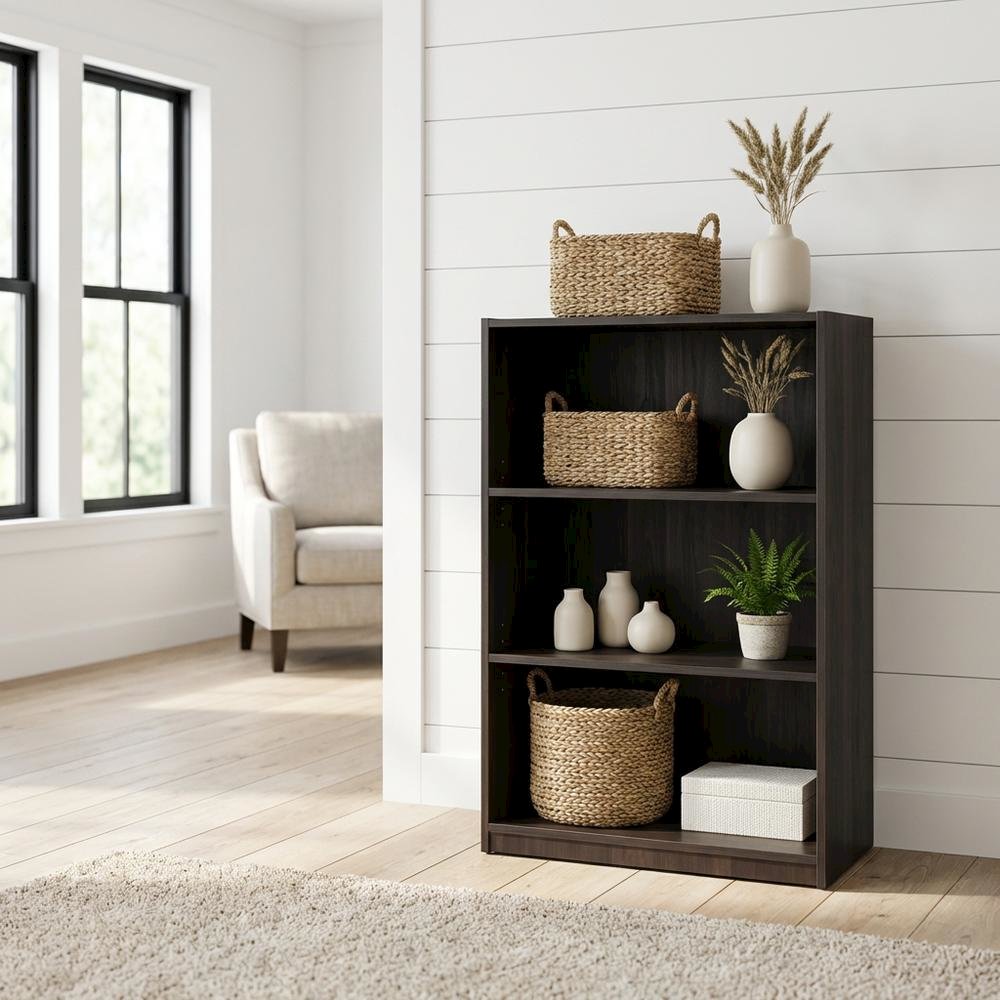 Espresso 3-Shelf Bookcase with Sturdy Wood Frame for Living Room Storage