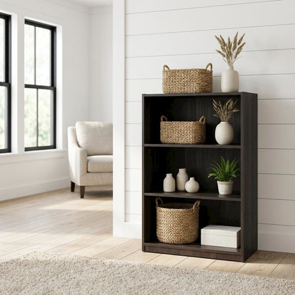 Espresso 3-Shelf Bookcase with Sturdy Wood Frame for Living Room Storage