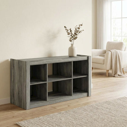 Wooden TV stand, open shelves, storage compartments, French Oak Grey finish