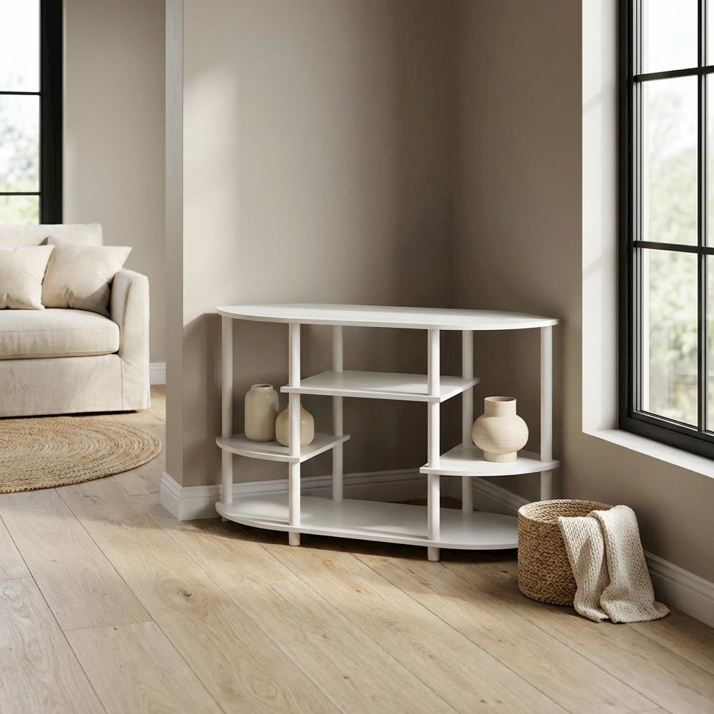 White Corner TV Stand with Solid Rubberwood and Walnut Veneers, Modern Design