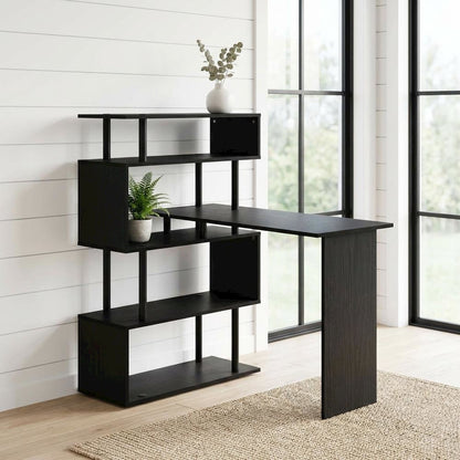 L-Shaped Computer Desk with 5-Tier Shelves, Amber Finish, Space-Saving Workspace