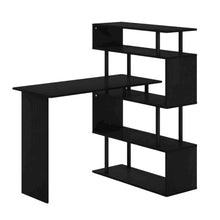 L-Shaped Computer Desk with 5-Tier Shelves, Amber Finish, Space-Saving Workspace
