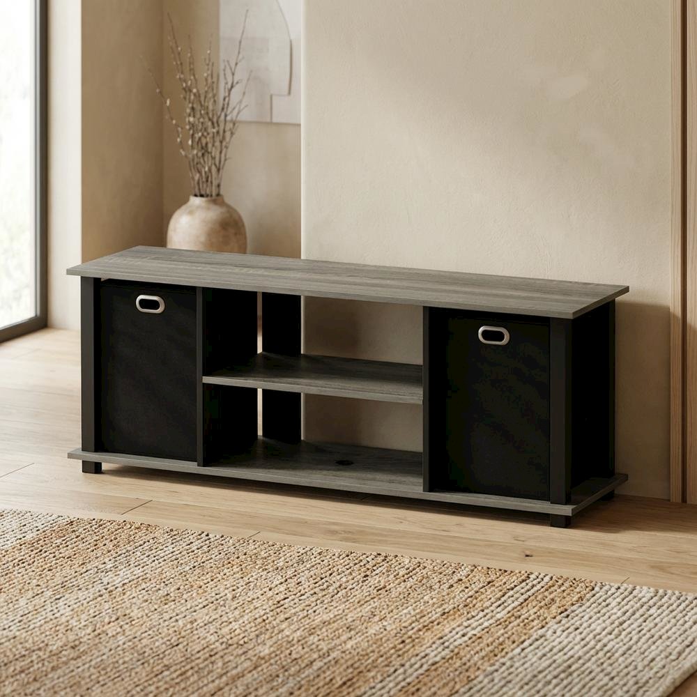Wood Entertainment Center with Storage Bins in French Oak and Black Finish
