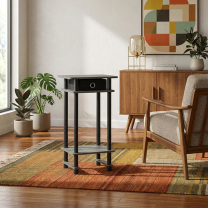 French Oak Grey and Black End Table Set with Storage Bins, Modern Style