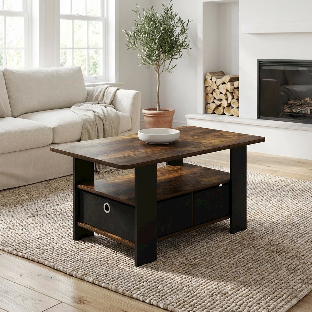 Amber Pine Black Coffee Table with Bin Drawer and Durable Construction
