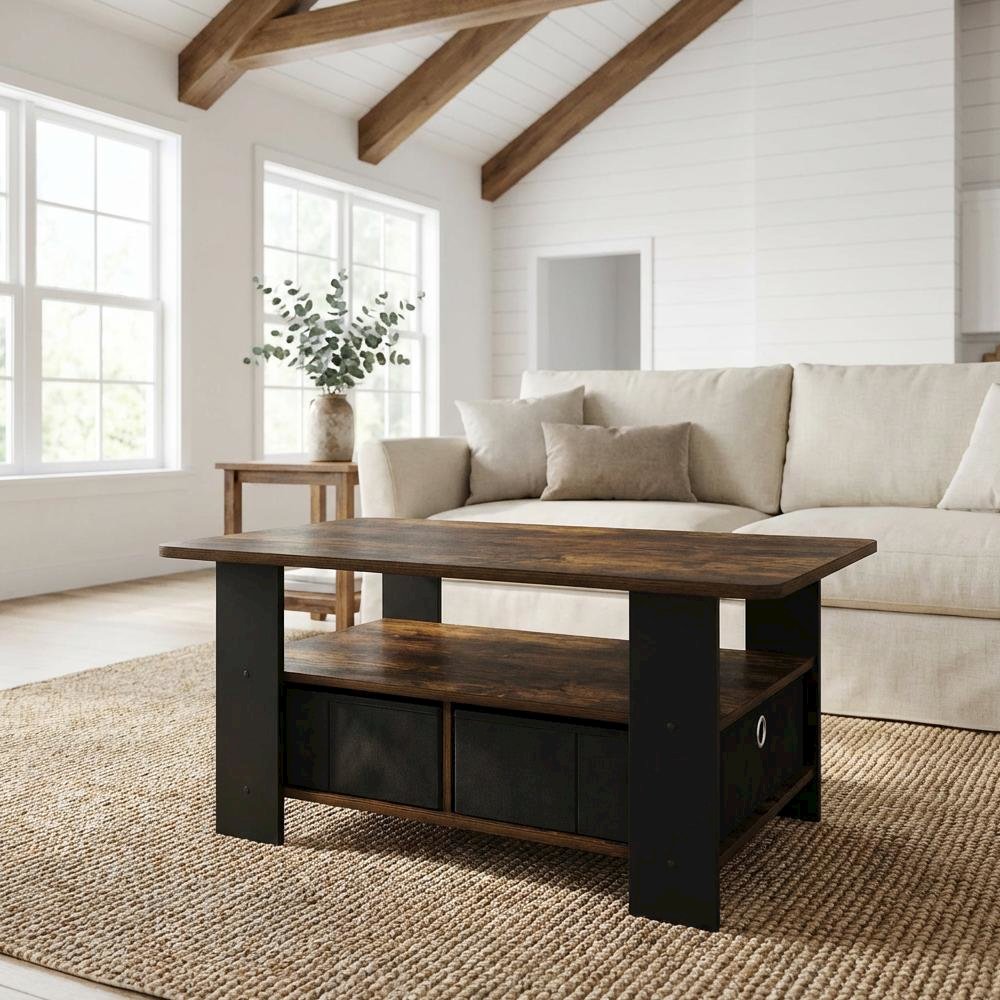 Amber Pine Black Coffee Table with Bin Drawer and Durable Construction