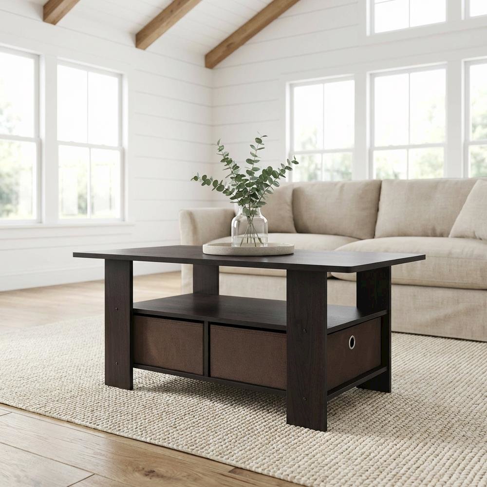 Dark Walnut Coffee Table with Bin Drawer and Compact Storage Surface 11158DWN