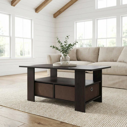 Dark Walnut Coffee Table with Bin Drawer and Compact Storage Surface 11158DWN