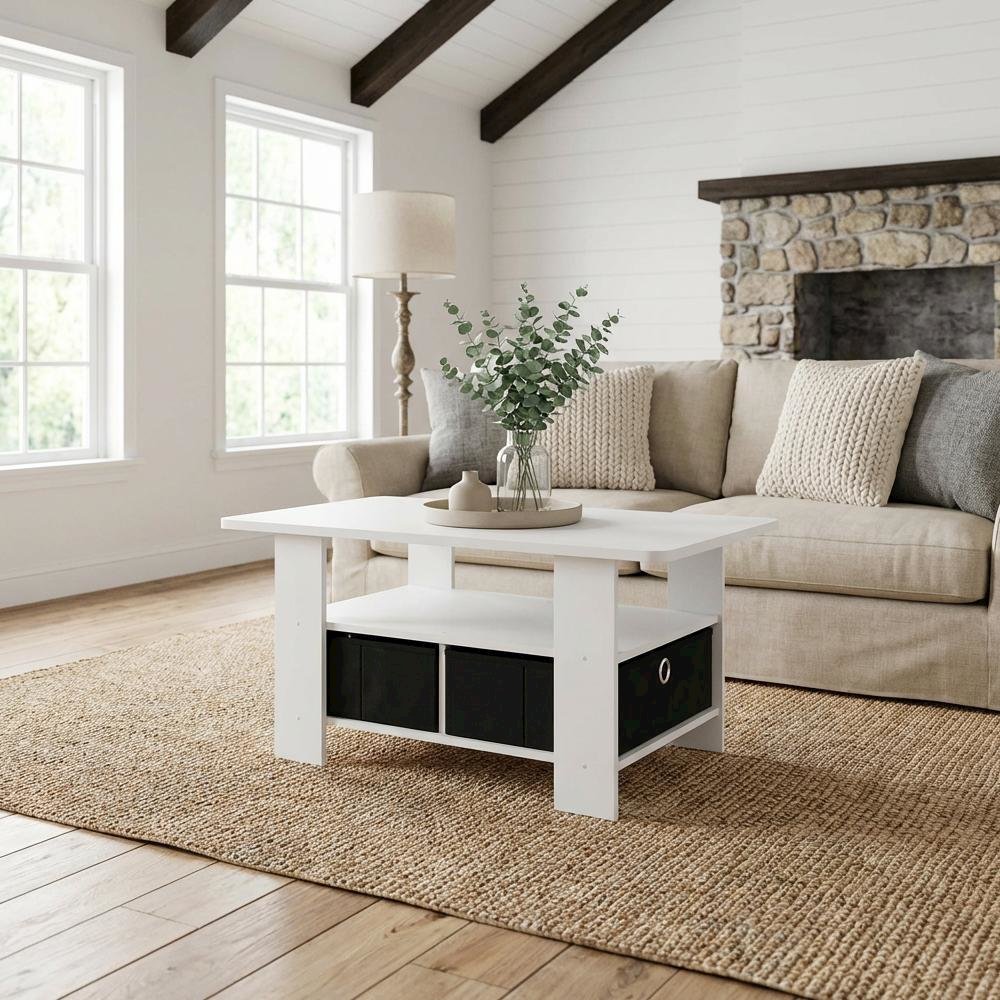White and Black Coffee Table with Bin Drawer and Compact Design