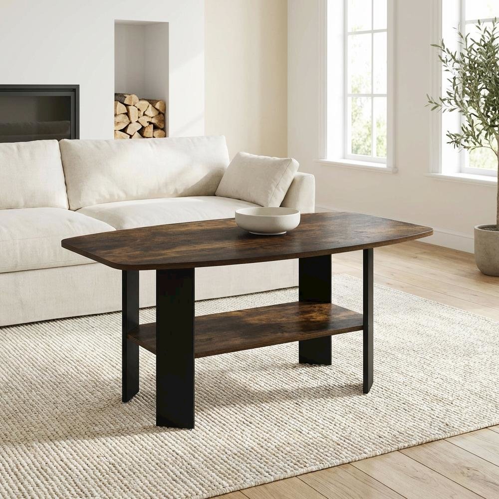 Amber Pine and Black Coffee Table with Minimalist Design and Durable Finish