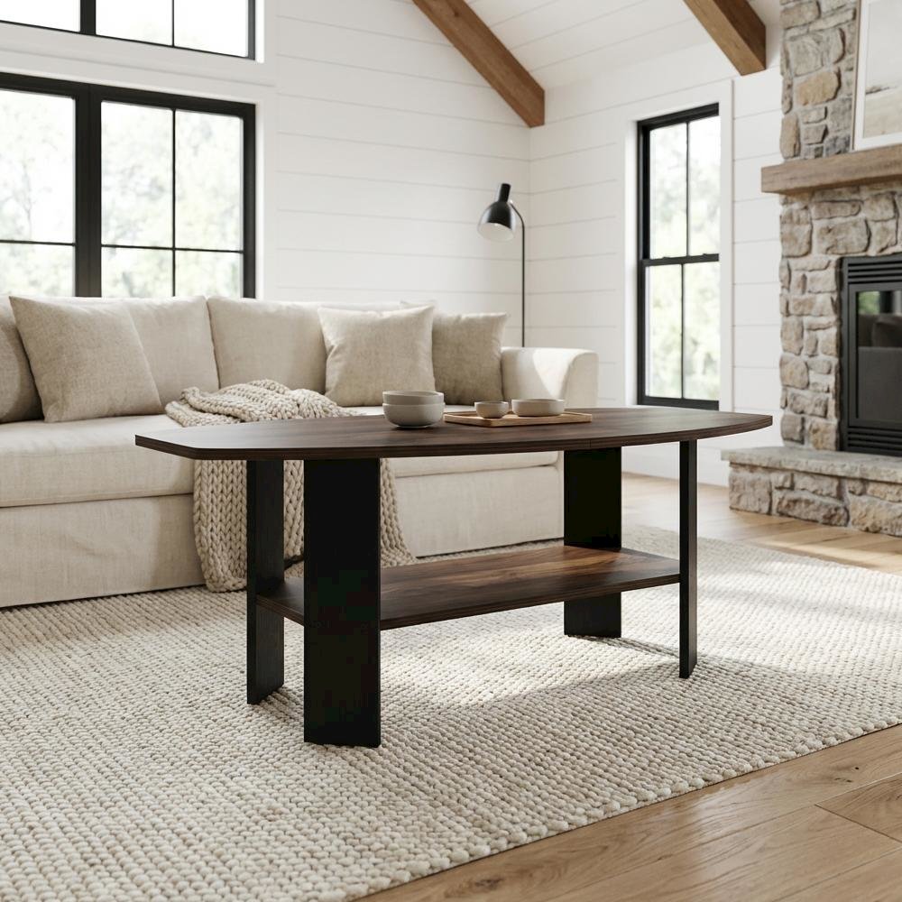 Columbia Walnut Coffee Table with Black Legs and Simple Modern Design