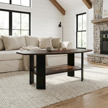 Columbia Walnut Coffee Table with Black Legs and Simple Modern Design