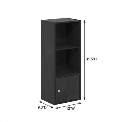 Black 3-Tier Bookcase with Door Storage and Wood Finish