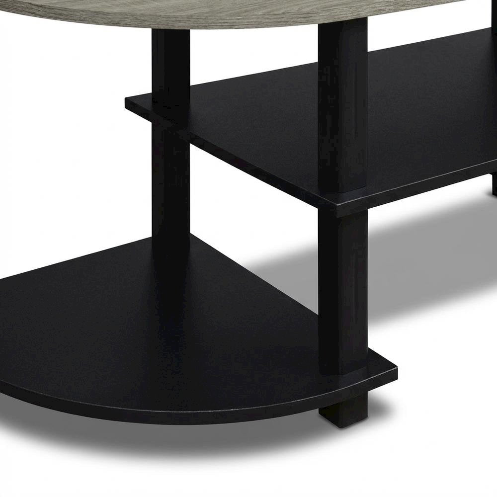 Wide TV entertainment center in French Oak Grey, black, wood, PVC tubes