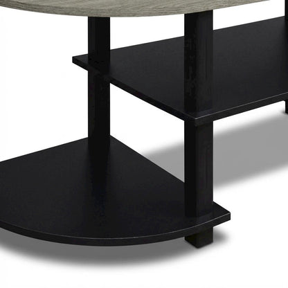 Wide TV entertainment center in French Oak Grey, black, wood, PVC tubes