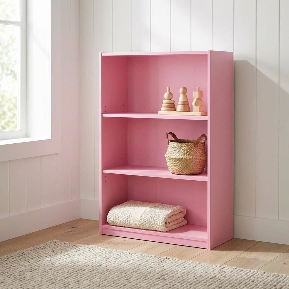 Pink 3-Tier Adjustable Shelf Bookcase with Sturdy Wood Construction