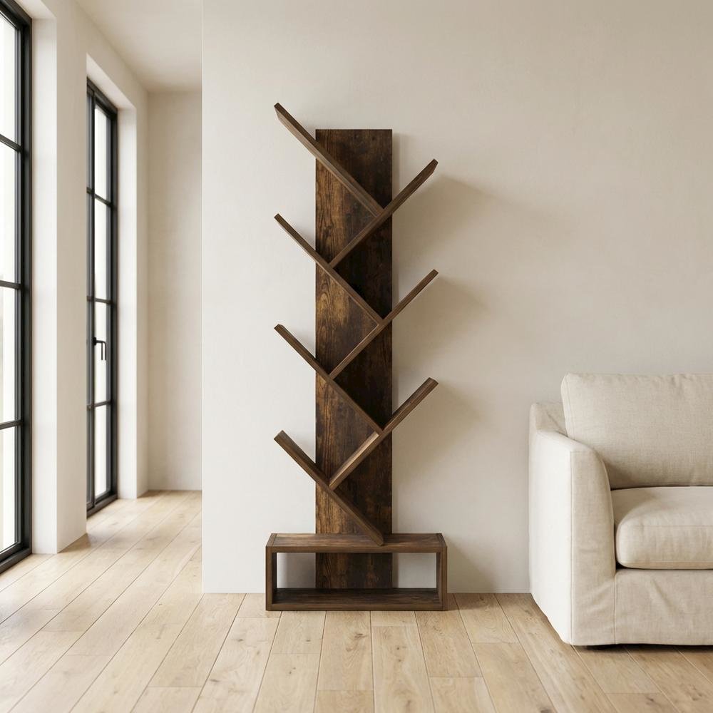 Wooden bookcase with open shelving for modern living spaces