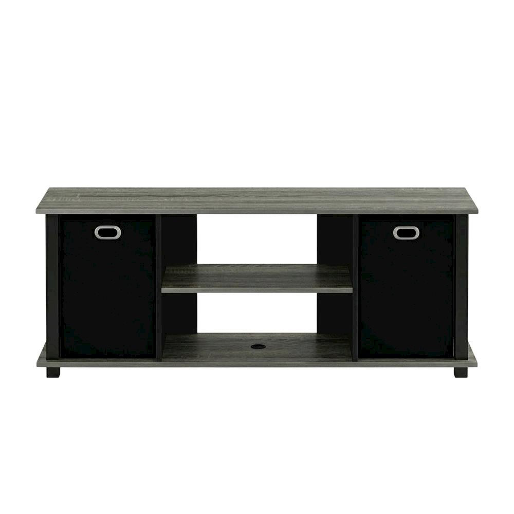 Wood Entertainment Center with Storage Bins in French Oak and Black Finish