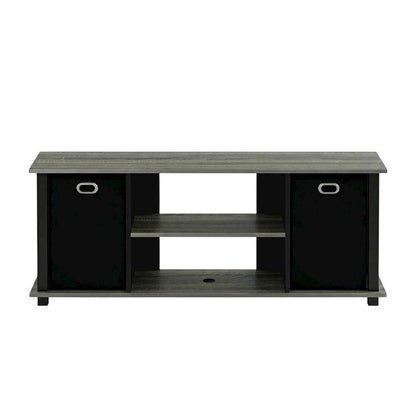 Wood Entertainment Center with Storage Bins in French Oak and Black Finish