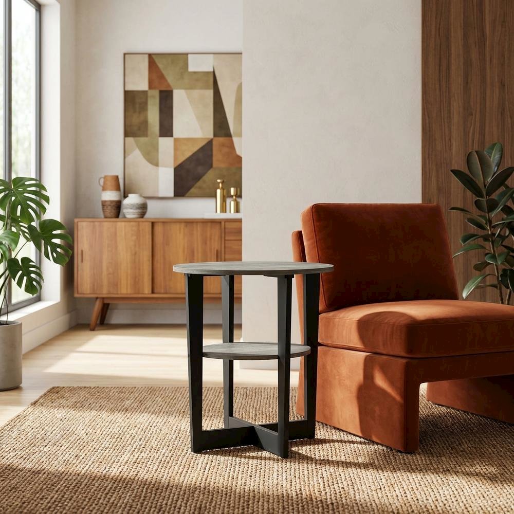 Grey oval end table with stylish French oak finish and modern design