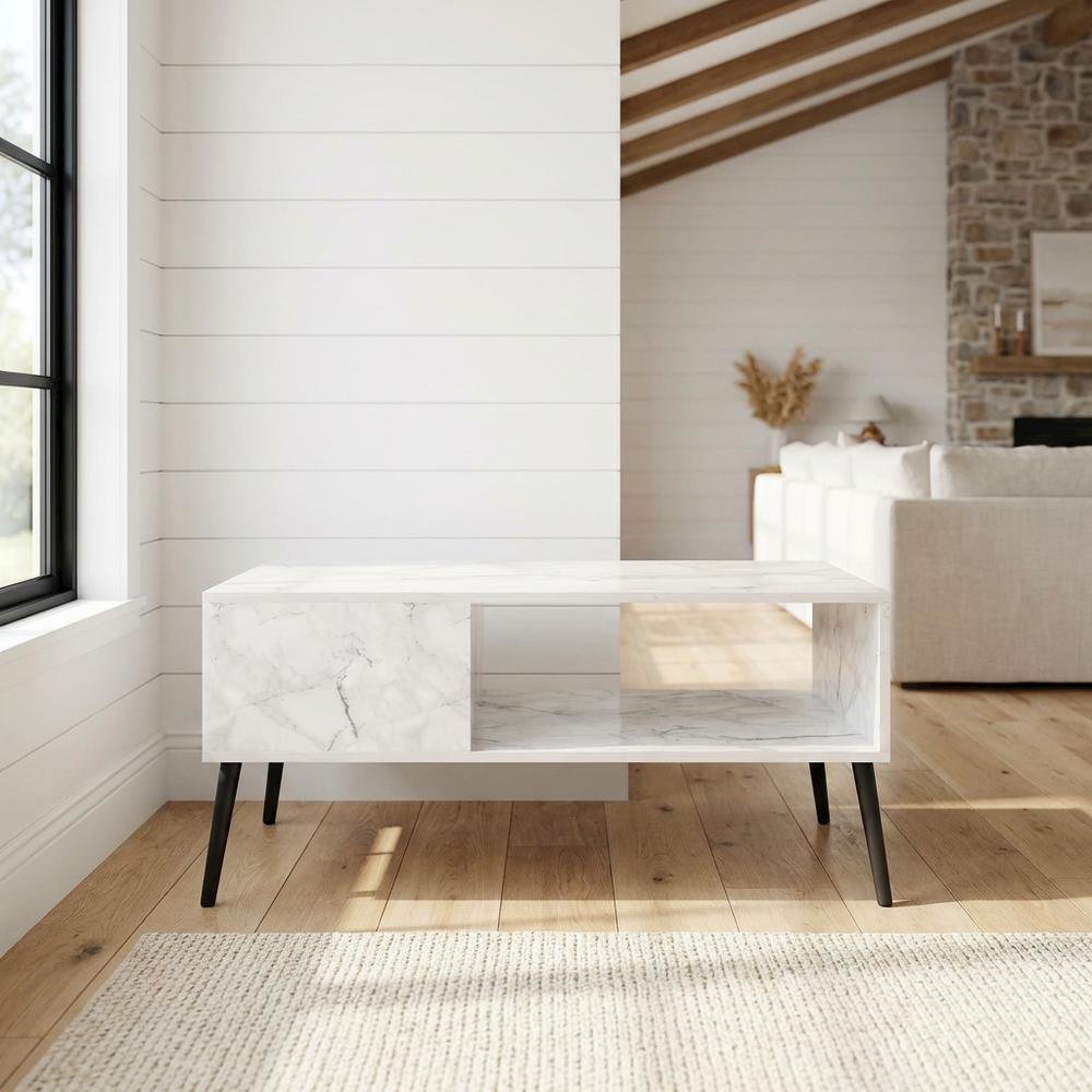 White marble TV stand for 40-inch screens with wood legs and mid-century design