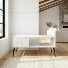 White marble TV stand for 40-inch screens with wood legs and mid-century design