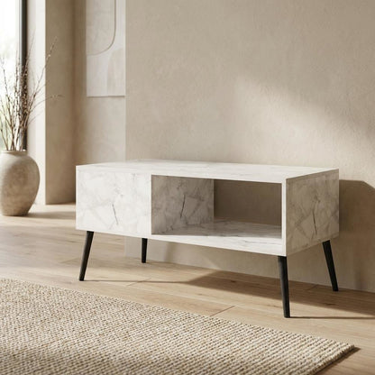White marble TV stand for 40-inch screens with wood legs and mid-century design