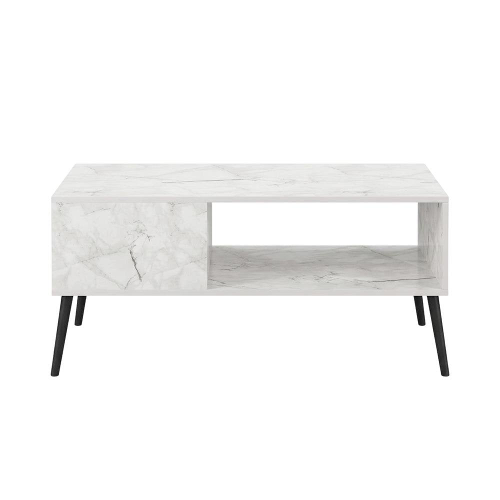 White marble TV stand for 40-inch screens with wood legs and mid-century design