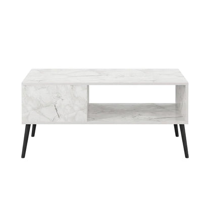 White marble TV stand for 40-inch screens with wood legs and mid-century design