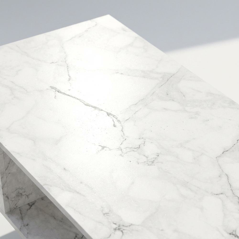 White marble TV stand for 40-inch screens with wood legs and mid-century design
