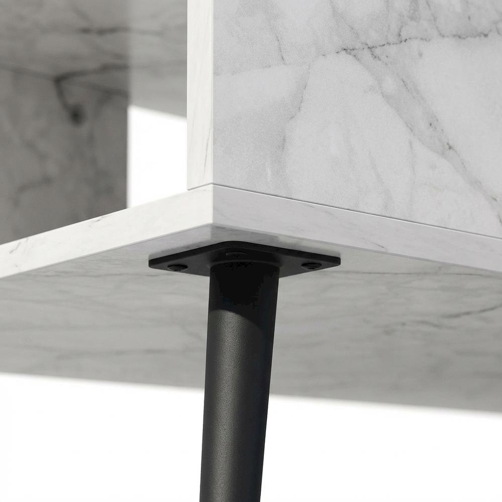White marble TV stand for 40-inch screens with wood legs and mid-century design