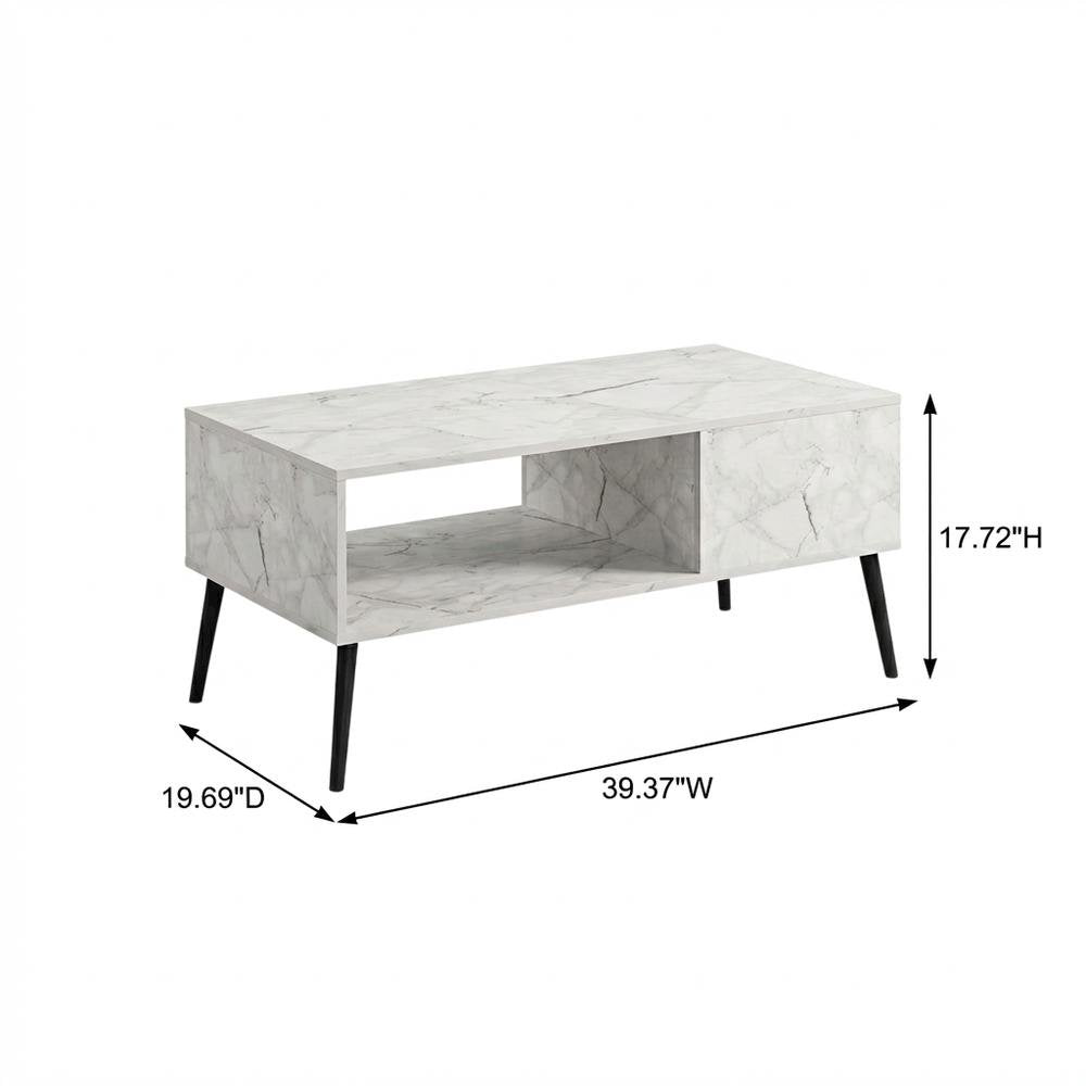 White marble TV stand for 40-inch screens with wood legs and mid-century design