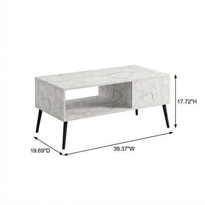 White marble TV stand for 40-inch screens with wood legs and mid-century design