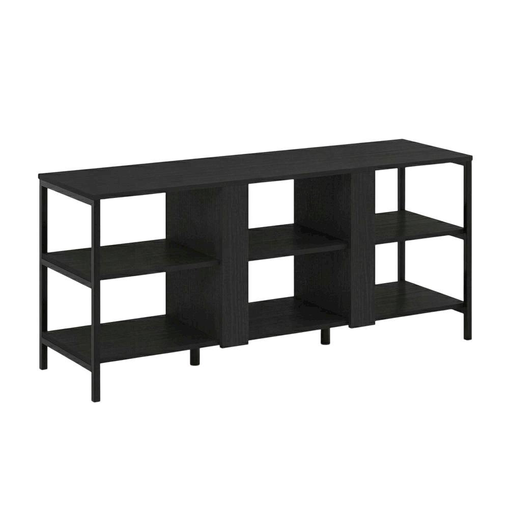 Modern black TV stand with open shelves for entertainment centers