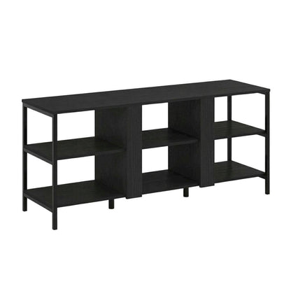 Modern black TV stand with open shelves for entertainment centers
