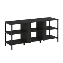 Modern black TV stand with open shelves for entertainment centers