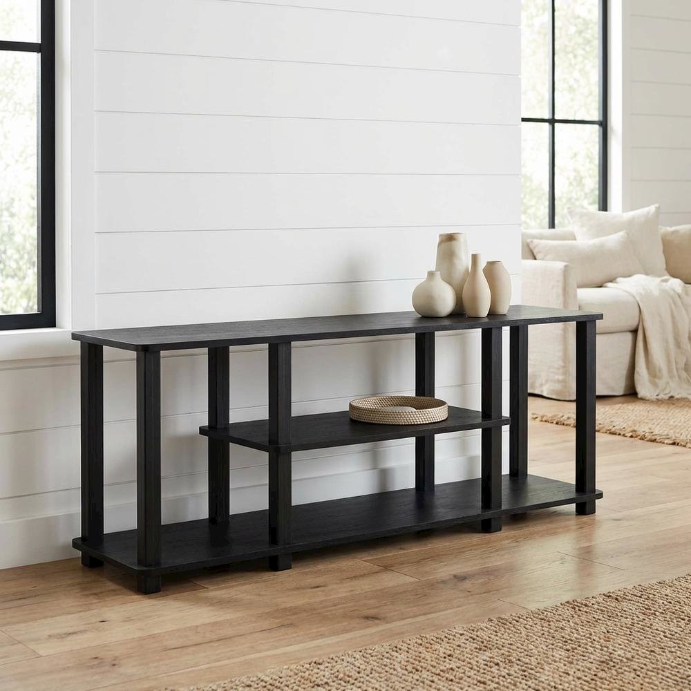 Black wood TV stand,  3-tier design, square tube frame, entertainment setup