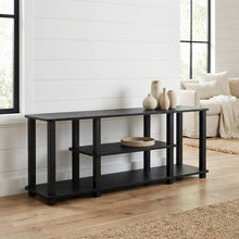 Black wood TV stand,  3-tier design, square tube frame, entertainment setup
