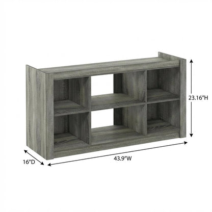 Wooden TV stand, open shelves, storage compartments, French Oak Grey finish