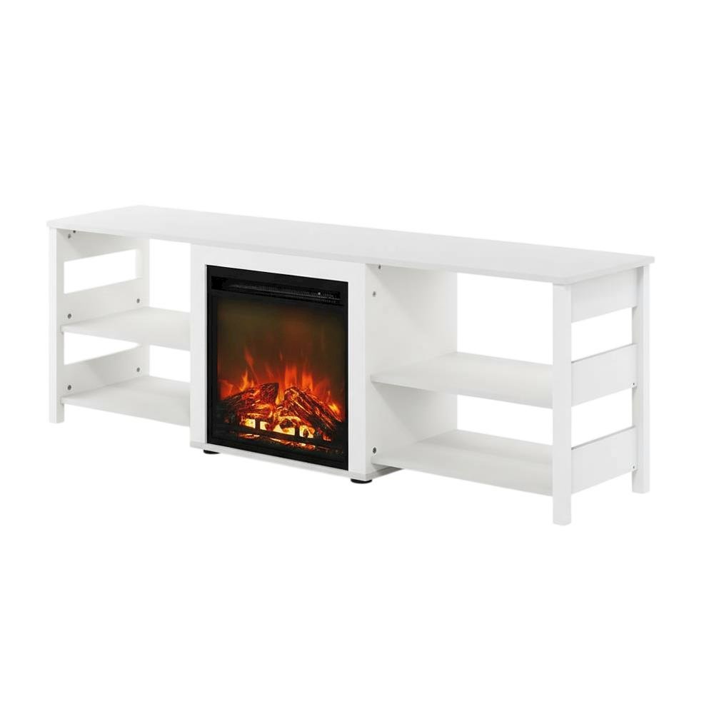 White Emboss TV Stand with Fireplace and Wooden Finish