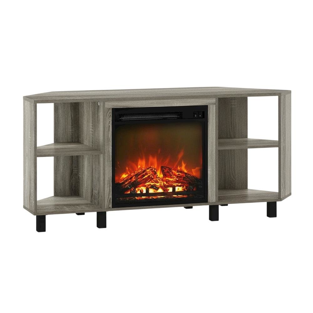 Wood TV stand with metal legs for up to 55-inch screens in French Oak Grey