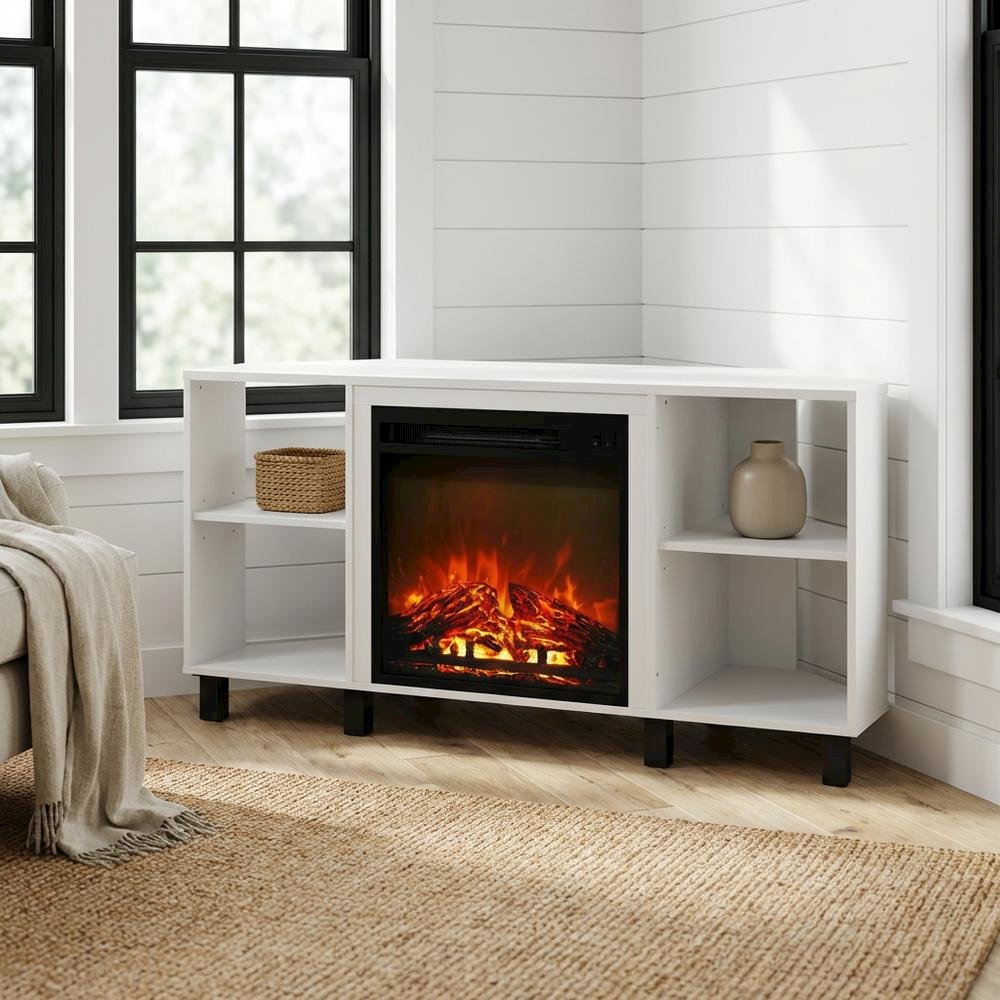 White Corner Fireplace TV Stand with 4 Open Storage Compartments in Wood Finish